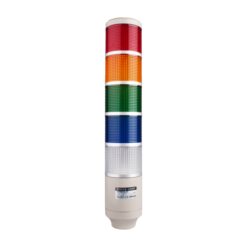 Stack tower light, 85mm Red/yellow/green/blue/clear color 5 stack, Steady, Pole mounting beige body, 25" prewired, Incandescent, 12V AC/DC 10W