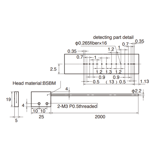 Fiber head, Array, Through-beam, 13mm-wide, Head-on, R25, 2M