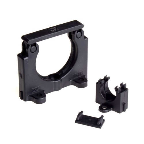 Tube clip bracket Tube#16, W34.2xH33xT36mm size, 3x5.4mm mount holes, Polyamide 6, Black