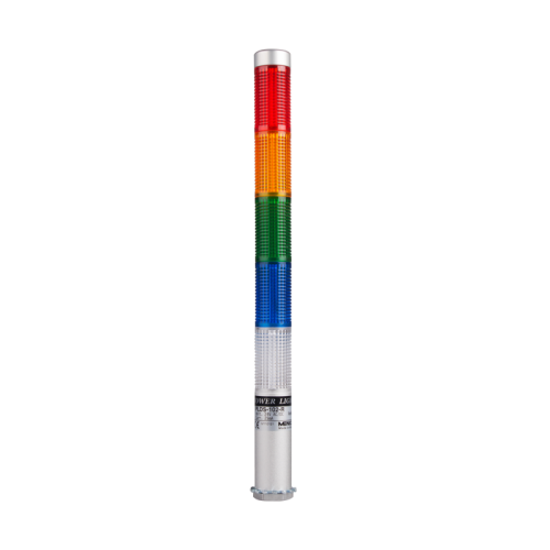 LED stack tower light, 25mm red/yellowgreen/blue/clear color 5 stack, Steady/flash, Direct mounting 65mm long aulminum body, 25" prewired, 24V AC/DC