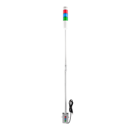 Tower Light, 56mm LED, 3 Stack, 100dB Adjustable Buzzer on at Red flashing, Blue flashing, Green steady, square vertical Push button control box, 1430mm pole, 110VAC