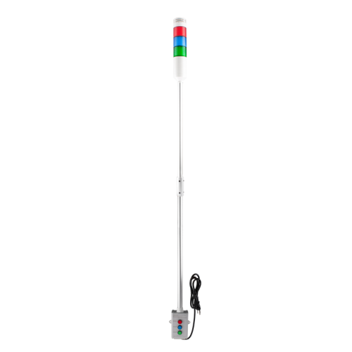 Tower Light, 56mm LED, 3 Stack, 100dB Adjustable Buzzer on at Red flashing, Blue flashing, Green steady, square vertical Push button control box, 1430mm pole, 110VAC