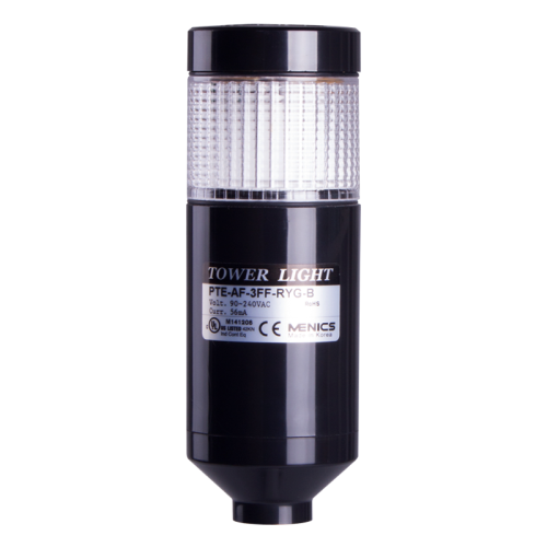 LED stack tower light, 56mm clear color 1 stack modular, Steady, Pole mounting black body, 25" prewired, 90-240V AC