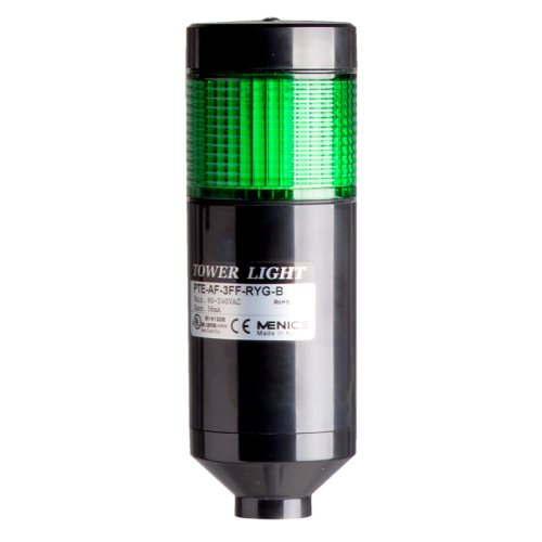 LED stack tower light, 56mm green color 1 stack modular, Steady, Pole mounting black body, 25" prewired, 90-240V AC