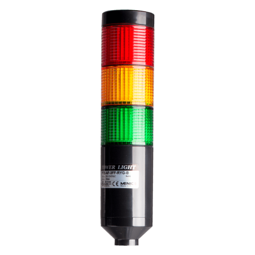 LED stack tower light, 56mm red/yellow/green color 3 stack modular, Steady, Pole mounting black body, 25" prewired, 24 VAC/DC