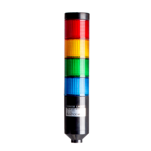 LED stack tower light, 56mm red/yellow/green/blue color 4 stack modular, Steady/flash, Pole mounting black body, 25" prewired, 24 VAC/DC