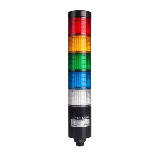 LED stack tower light, 56mm red/yellow/green/blue/clear color 5 stack modular, Steady, Direct mounting black body, Terminal connector 90-240V AC