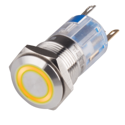 16mm Metal body Push Button, 110/220VAC, LED Illuminated, Maintained, IP65, 1A, DPDT, Yellow