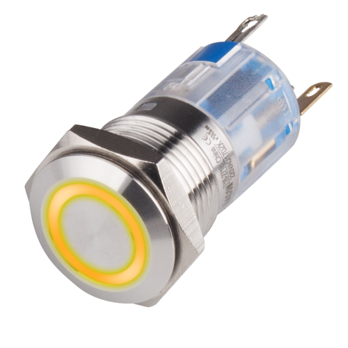 16mm Metal body Push Button, 110/220VAC, LED Illuminated, Maintained, IP65, 1A, DPDT, Yellow