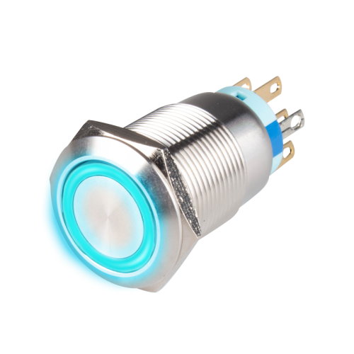 19mm Metal body Push Button, 24VDC, LED Illuminated, Momentary, IP65, 1A, SPDT, Blue