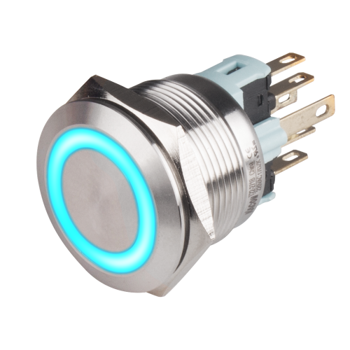 22mm Metal body Push Button, 24VDC, LED Illuminated, Momentary, IP65, 3A, SPDT, Blue