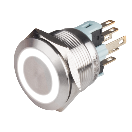 22mm Metal body Push Button, 110/220VAC, LED Illuminated, Momentary, IP65, 3A, DPDT, White