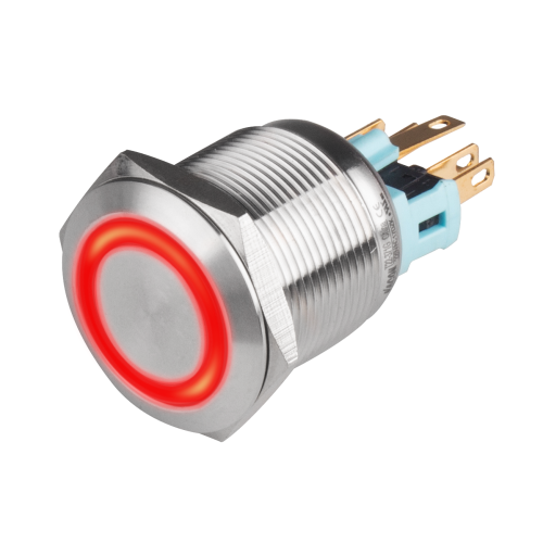 22mm Metal body Push Button, 110/220VAC, LED Illuminated, Maintained, Power symbol, IP65, 3A, SPDT, Red 