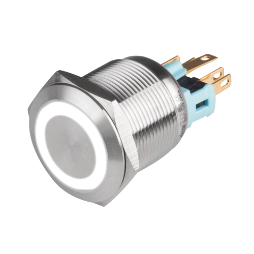 22mm Metal body Push Button, 24VDC, LED Illuminated, Maintained, IP65, 3A, DPDT, White