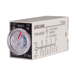 Mini analog Timer, 27.5x21x51mm, Max. time range 10 Min. Output 4PDT 3A 250 VAC, 110VAC (socket req'd)