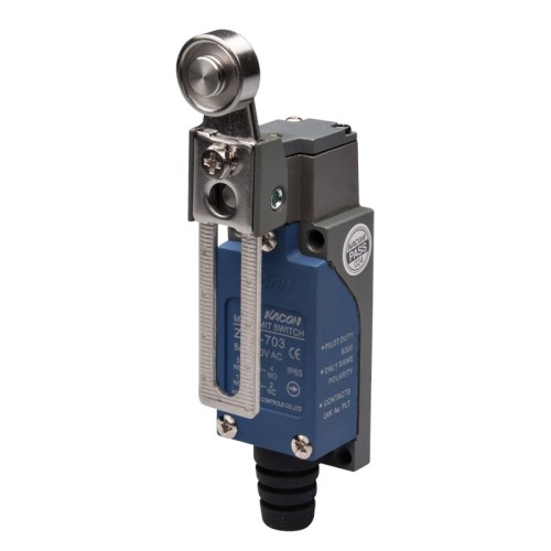 Limit Switch, 57x28x25mm Plastic cover/Al-die-casting body, 1 NO & 1 NC w/ Snap action, IP65, Adjustable roller lever actuator