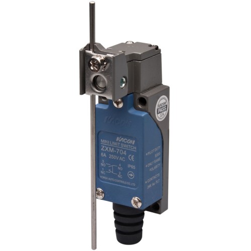 Limit Switch, 57x28x25mm Plastic cover/Al-die-casting body, 1 NO & 1 NC w/ Snap action, IP65, Adjustable rod lever actuator