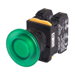 22mm LED Illuminated maintained pushbutton switch, Mushroom head, 1NC, Green LED 12V AC/DC