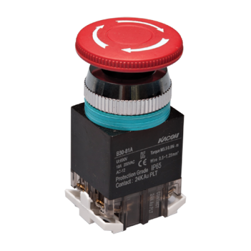 30mm E-Stop Switch, IP65 (water proof), steel body, Turn-to-release, Red 40mm Round Head, 1NO 1NC