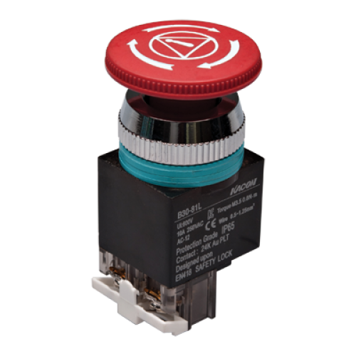 30mm E-Stop Switch, IP65, Latch, Red 40mm Round Head, 1NO 1NC. EN418 Safety Lock